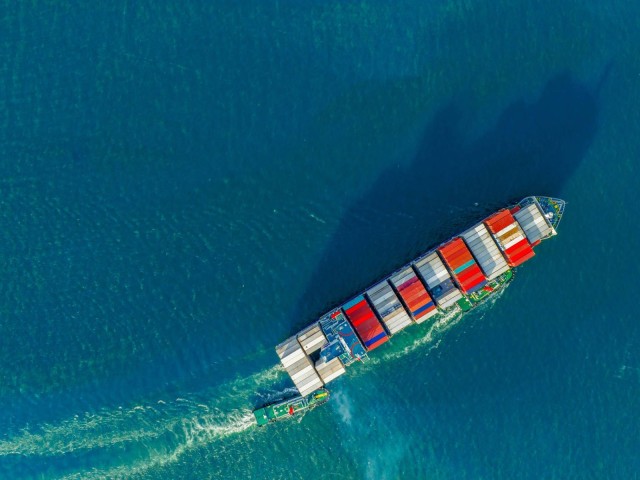 A container ship sails on the sea