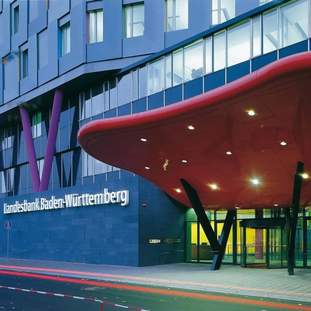 View of the entrance to LBBW headquarters in Karlsruhe